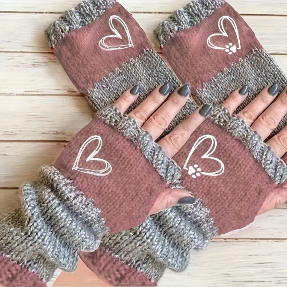 Gloves - Winter 2 Pack Heart Paw Print Embroidery Single Finger Mittens Elastic - product detail view 3