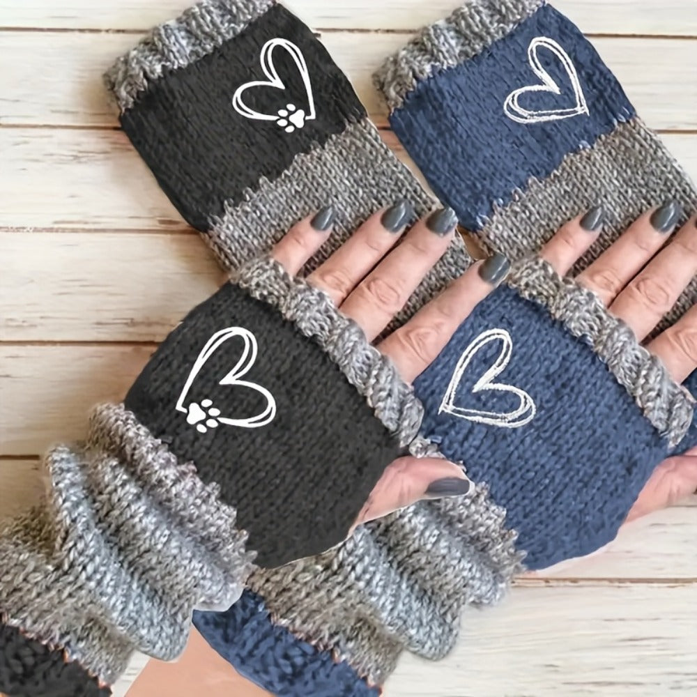 Gloves - Winter 2 Pack Heart Paw Print Embroidery Single Finger Mittens Elastic - product detail view 5