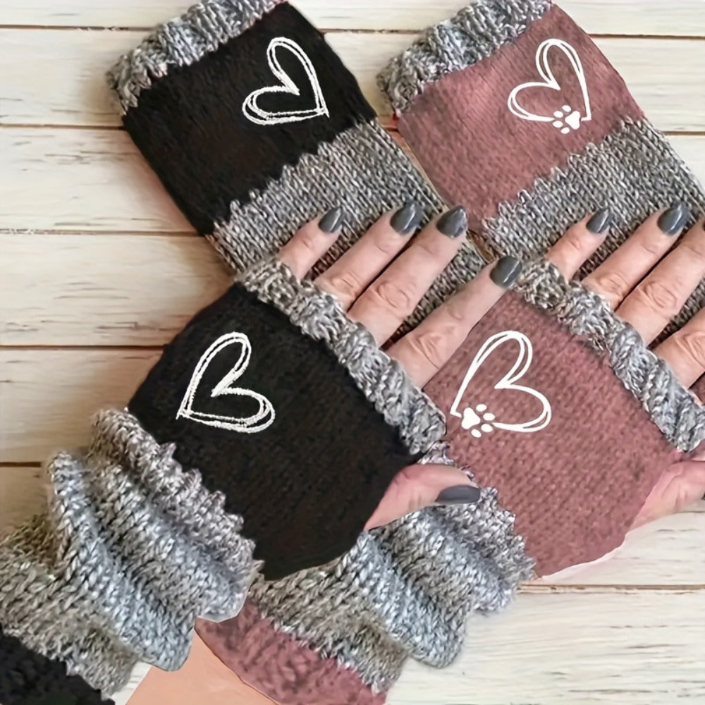 Gloves - Winter 2 Pack Heart Paw Print Embroidery Single Finger Mittens Elastic - product detail view 6