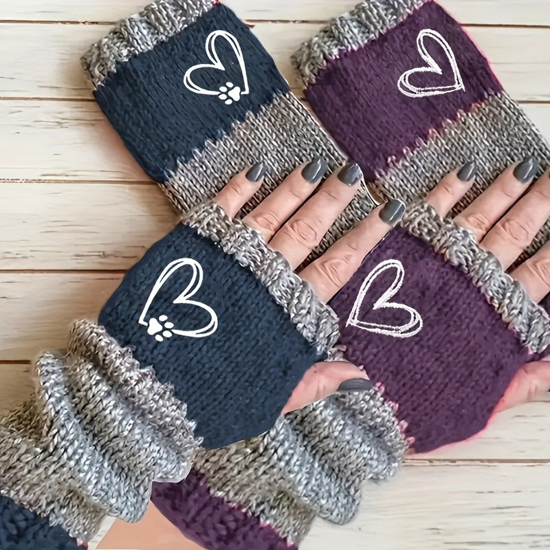 Gloves - Winter 2 Pack Heart Paw Print Embroidery Single Finger Mittens Elastic - product detail view 8
