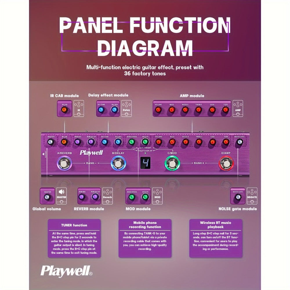 Guitar Effects Pedal, Wireless, Playwell, Multi for Electric Guitar Or Bass Tone Shaping detail image - detail view 4