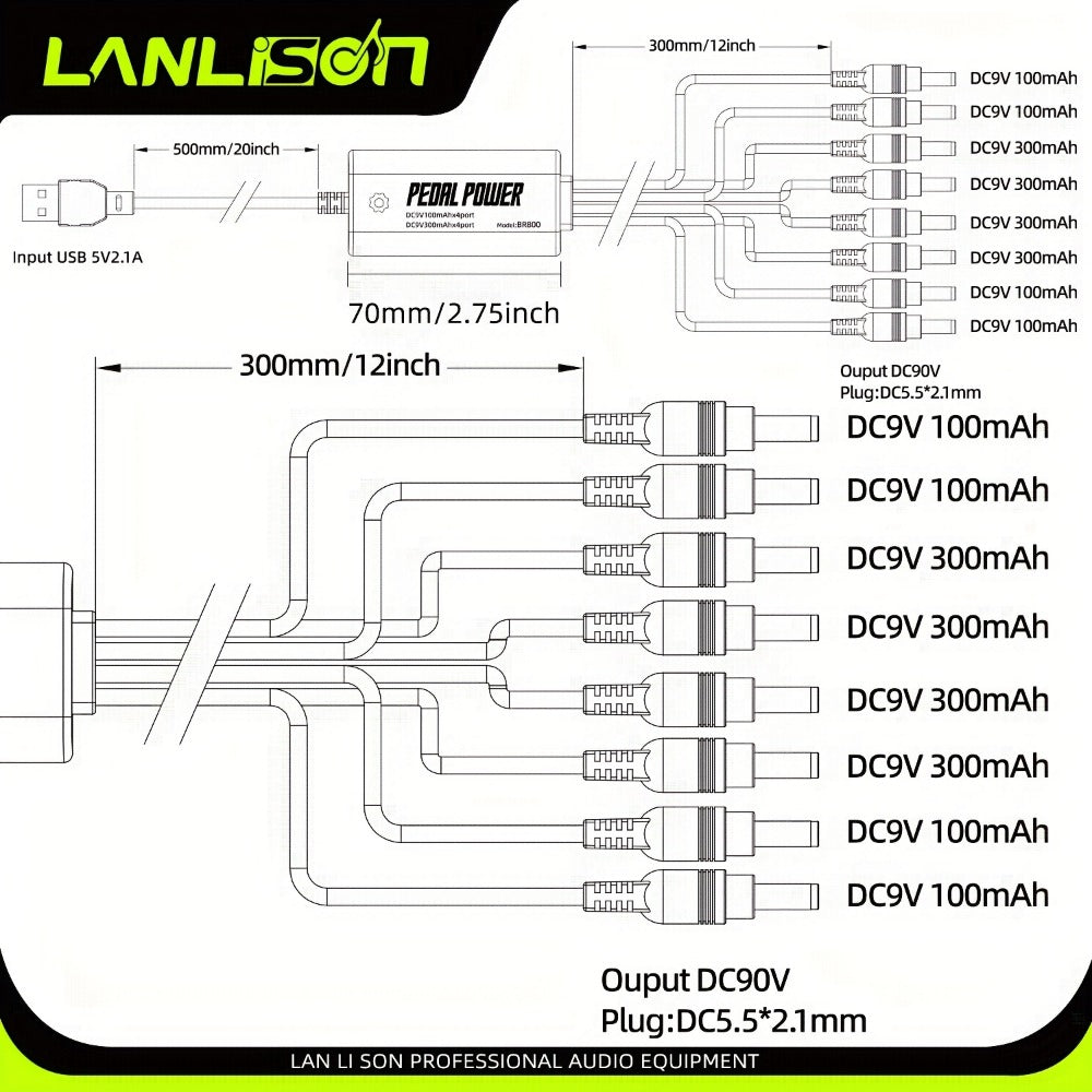 Guitar Pedal Power Supply, 36V, USB, Lanlison, 8-Port for Powering Guitar Effects Pedals detail image