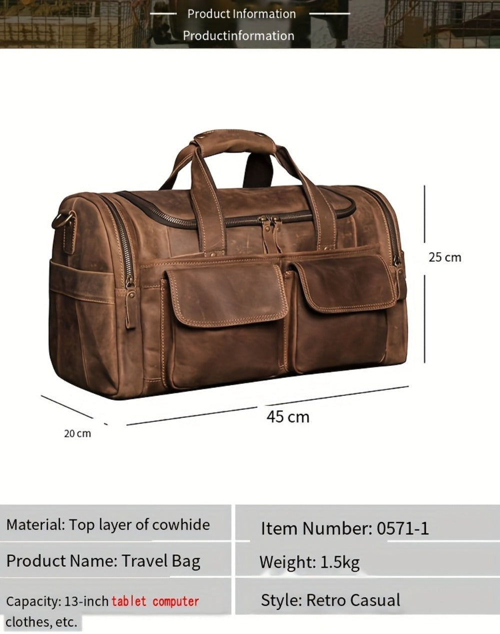 Gym Duffel Bag – Genuine Leather, Large Capacity, Multi-Pocket, for Travel & Work – detail view 14