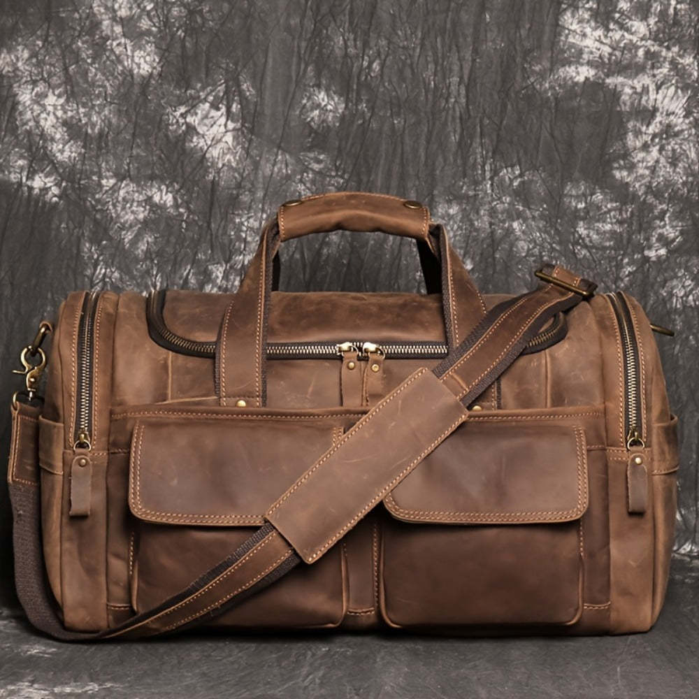 Gym Duffel Bag – Genuine Leather, Large Capacity, Multi-Pocket, for Travel & Work – front view