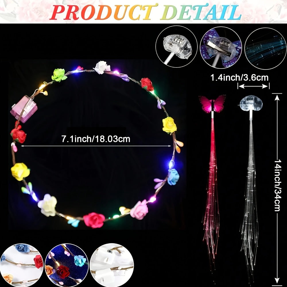 Hair Accessories - LED Light Up Set 36pcs Luminous Glow Bundle Flower Garland Crown, Fiber - product detail view 4
