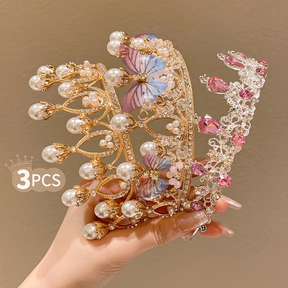 Hair Accessories - Rhinestone Crown Headband Set 3pcs - Princess Tiara Hairband for Wedding - product detail view 2