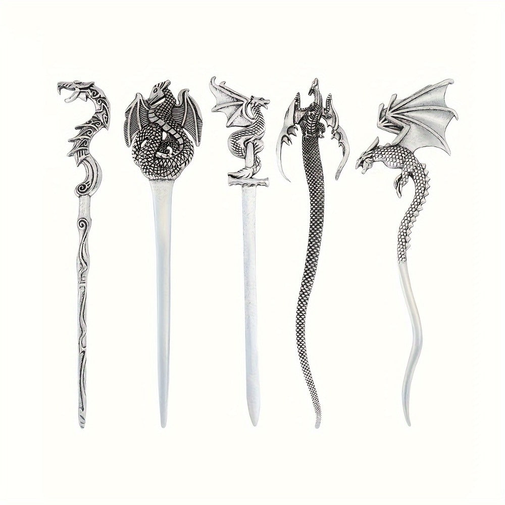 Hair Accessories - Viking Dragon Sticks for Women Set of 5 Antique Silver Metal Hairpins - main product view
