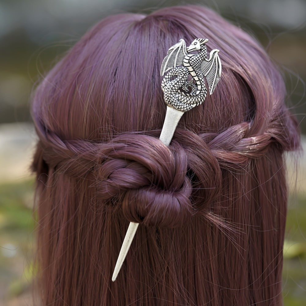 Hair Accessories - Viking Dragon Sticks for Women Set of 5 Antique Silver Metal Hairpins - product detail view 2