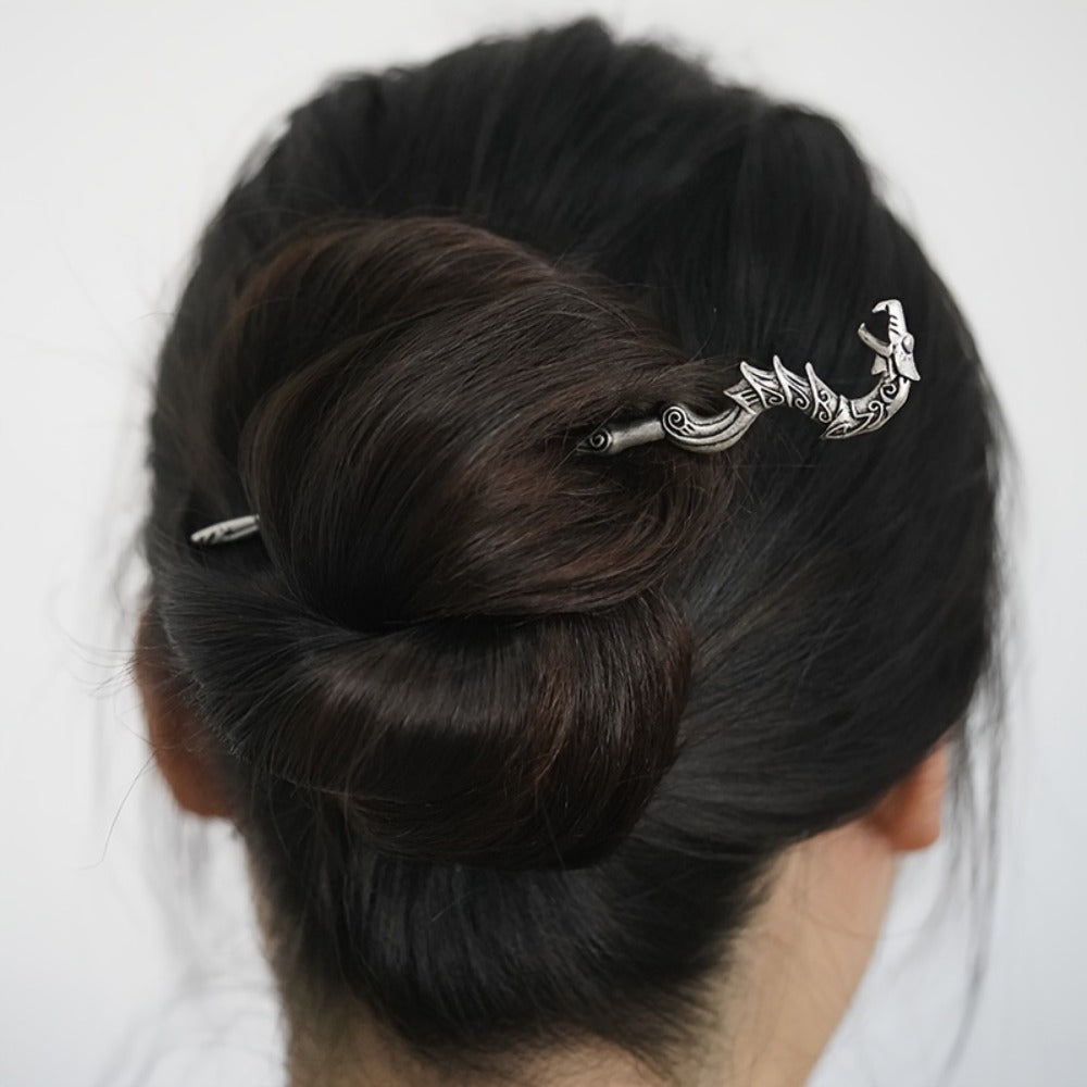 Hair Accessories - Viking Dragon Sticks for Women Set of 5 Antique Silver Metal Hairpins - product detail view 3