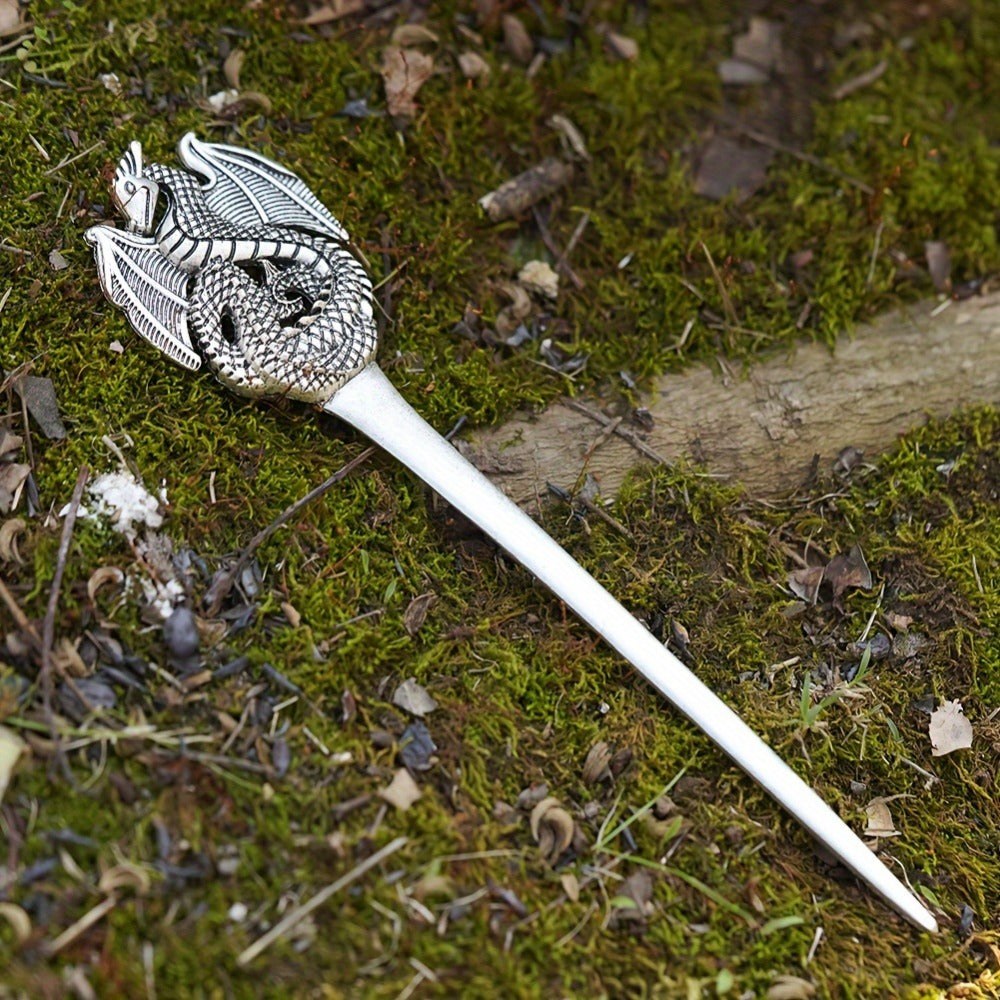 Hair Accessories - Viking Dragon Sticks for Women Set of 5 Antique Silver Metal Hairpins - product detail view 5