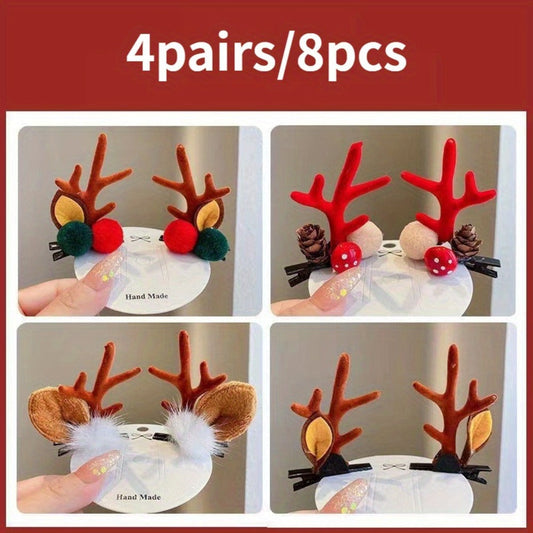 Hair Clips for Women - Christmas Reindeer Antler 8 Pieces Accessories Pom Poms Ears Xmas for - product detail view 2