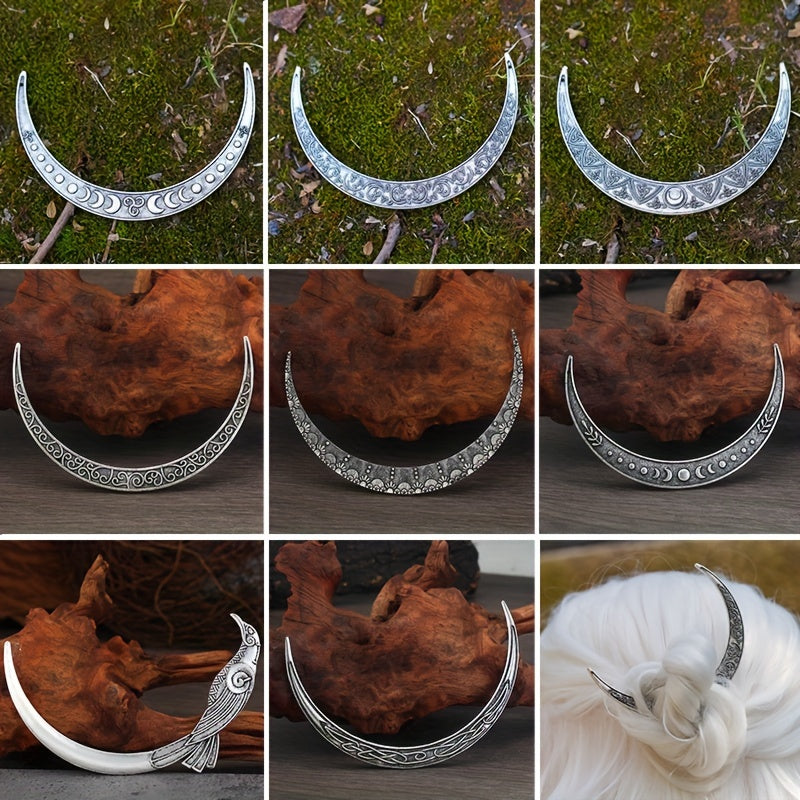 Hair Clips for Women - Crescent Moon Set 9 Pcs Viking Crow & Mandala Boho Barrettes for | Antique - product detail view 11