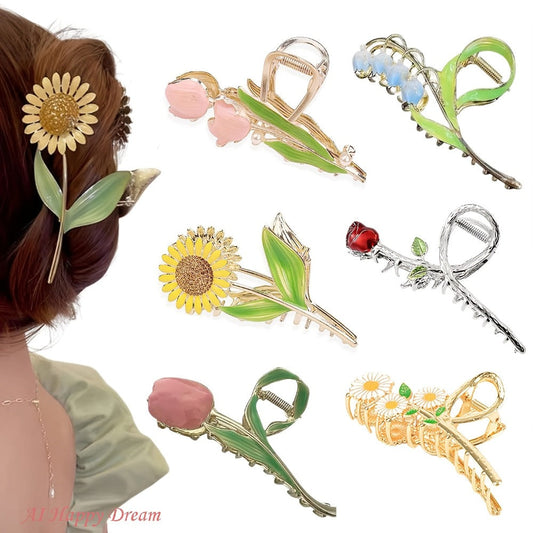 Hair Clips for Women - Metal 6pcs Large Tulip Renaissance Flower Anti-Slip Claw for Thick Thin - main product view