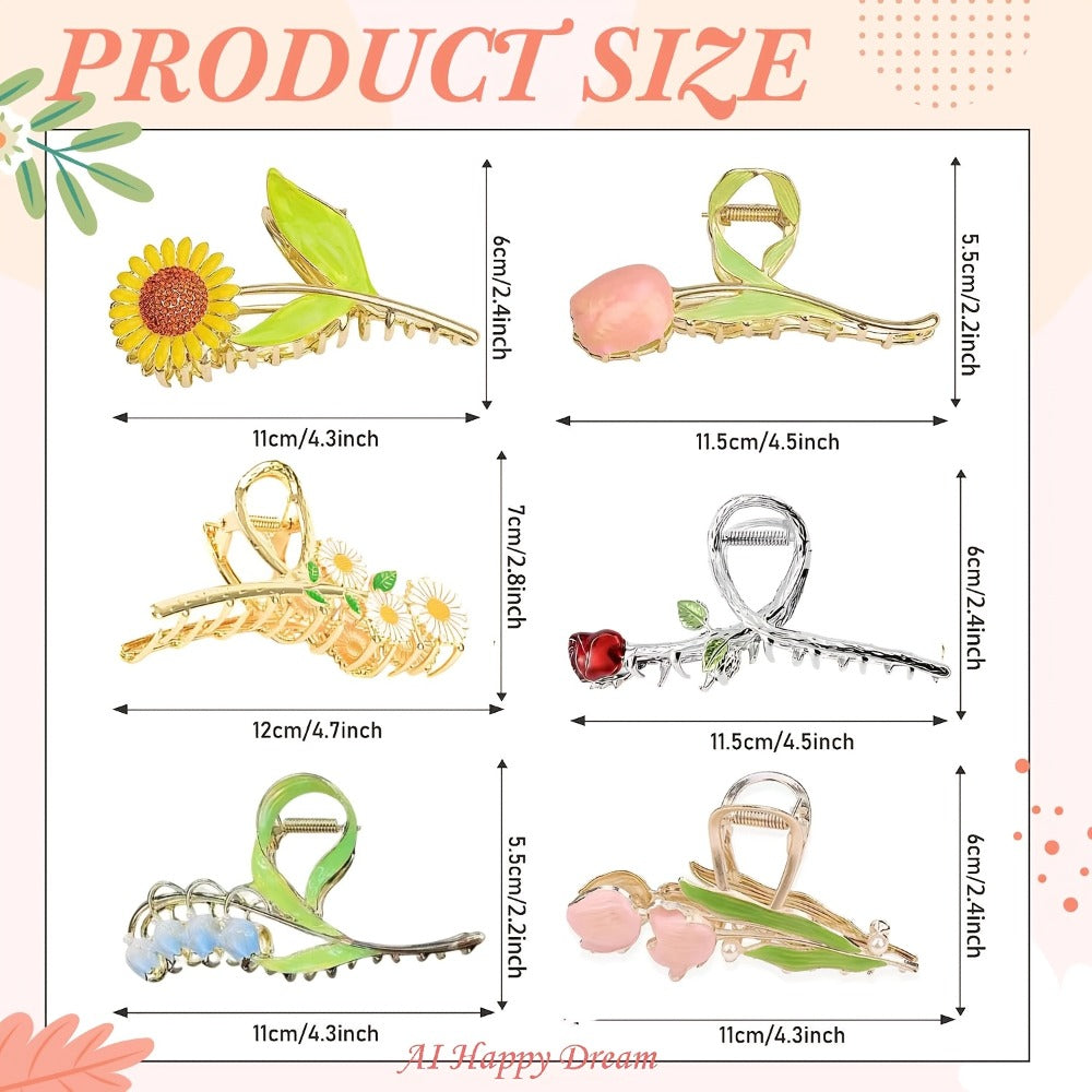 Hair Clips for Women - Metal 6pcs Large Tulip Renaissance Flower Anti-Slip Claw for Thick Thin - product detail view 2