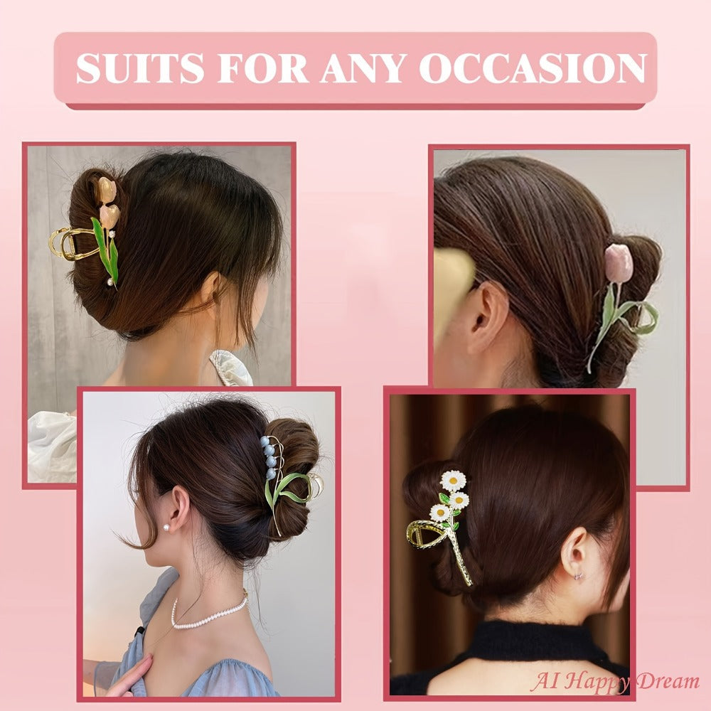 Hair Clips for Women - Metal 6pcs Large Tulip Renaissance Flower Anti-Slip Claw for Thick Thin - product detail view 4