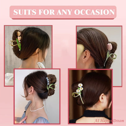 Hair Clips for Women - Metal 6pcs Large Tulip Renaissance Flower Anti-Slip Claw for Thick Thin - product detail view 4