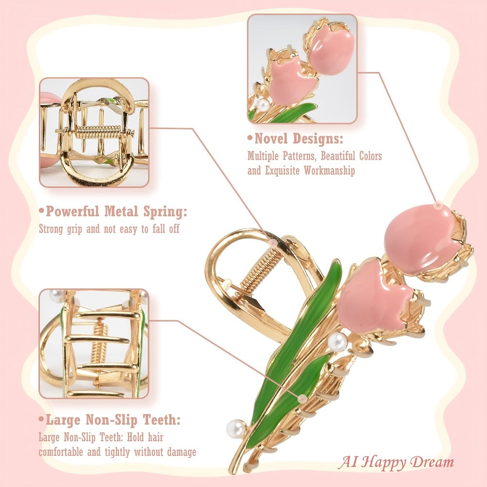 Hair Clips for Women - Metal 6pcs Large Tulip Renaissance Flower Anti-Slip Claw for Thick Thin - product detail view 5