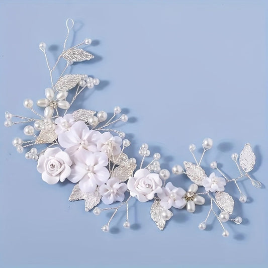 Hair Clips for Women - Pearl Floral Bridal Accessory - Artificial Pearl Leaf Wedding Headpiece - product detail view 2