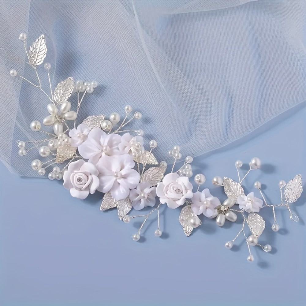 Hair Clips for Women - Pearl Floral Bridal Accessory - Artificial Pearl Leaf Wedding Headpiece - product detail view 3