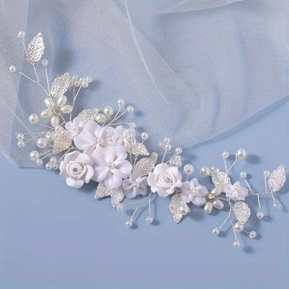 Hair Clips for Women - Pearl Floral Bridal Accessory - Artificial Pearl Leaf Wedding Headpiece - product detail view 3