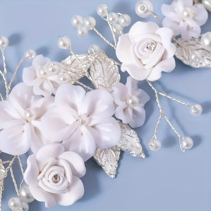 Hair Clips for Women - Pearl Floral Bridal Accessory - Artificial Pearl Leaf Wedding Headpiece - product detail view 5