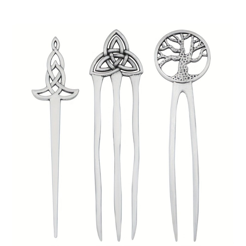Hair Clips for Women - Pins Set for 3pcs Viking Celtic Knot Tree of Life Crescent Moon Butterfly - main product view