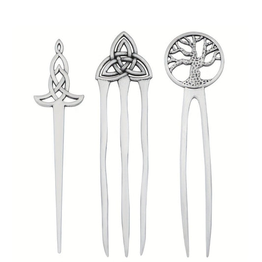 Hair Clips for Women - Pins Set for 3pcs Viking Celtic Knot Tree of Life Crescent Moon Butterfly - main product view