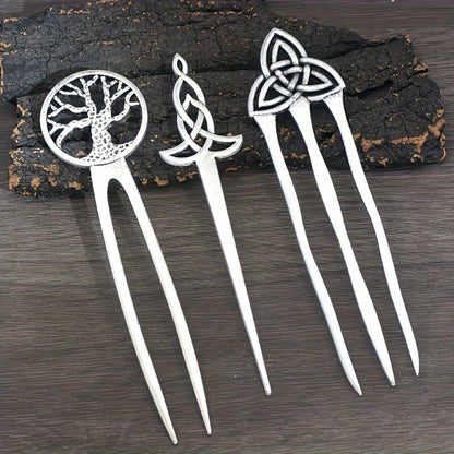 Hair Clips for Women - Pins Set for 3pcs Viking Celtic Knot Tree of Life Crescent Moon Butterfly - product detail view 3