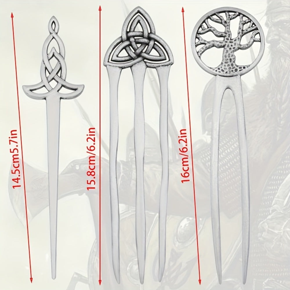 Hair Clips for Women - Pins Set for 3pcs Viking Celtic Knot Tree of Life Crescent Moon Butterfly - product detail view 5