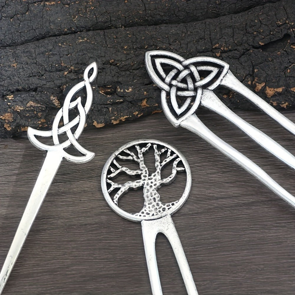 Hair Clips for Women - Pins Set for 3pcs Viking Celtic Knot Tree of Life Crescent Moon Butterfly - product detail view 8