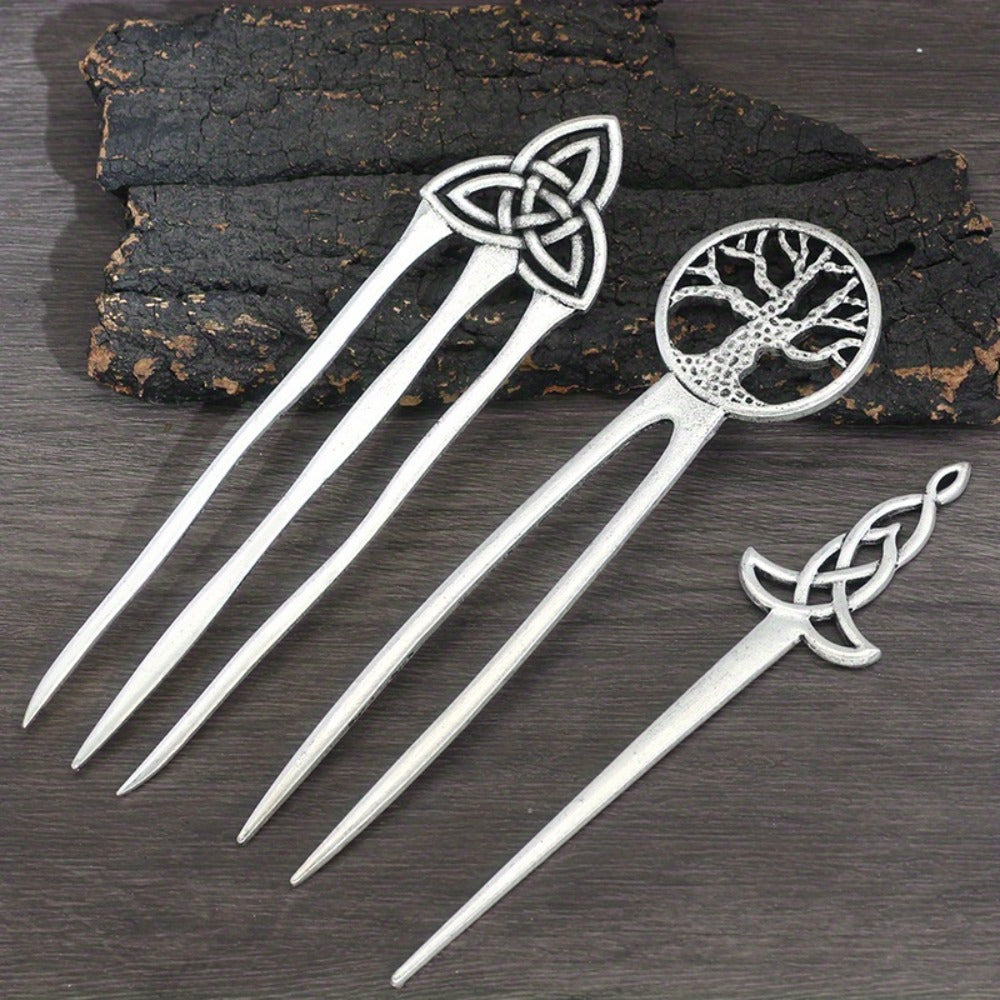 Hair Clips for Women - Pins Set for 3pcs Viking Celtic Knot Tree of Life Crescent Moon Butterfly - product detail view 12