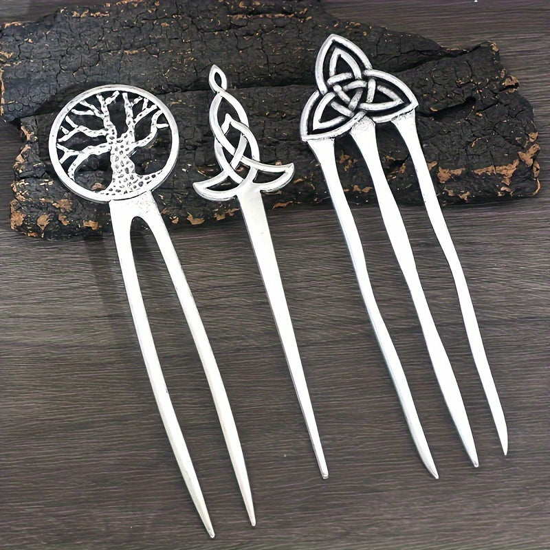 Hair Clips for Women - Pins Set for 3pcs Viking Celtic Knot Tree of Life Crescent Moon Butterfly - product detail view 15