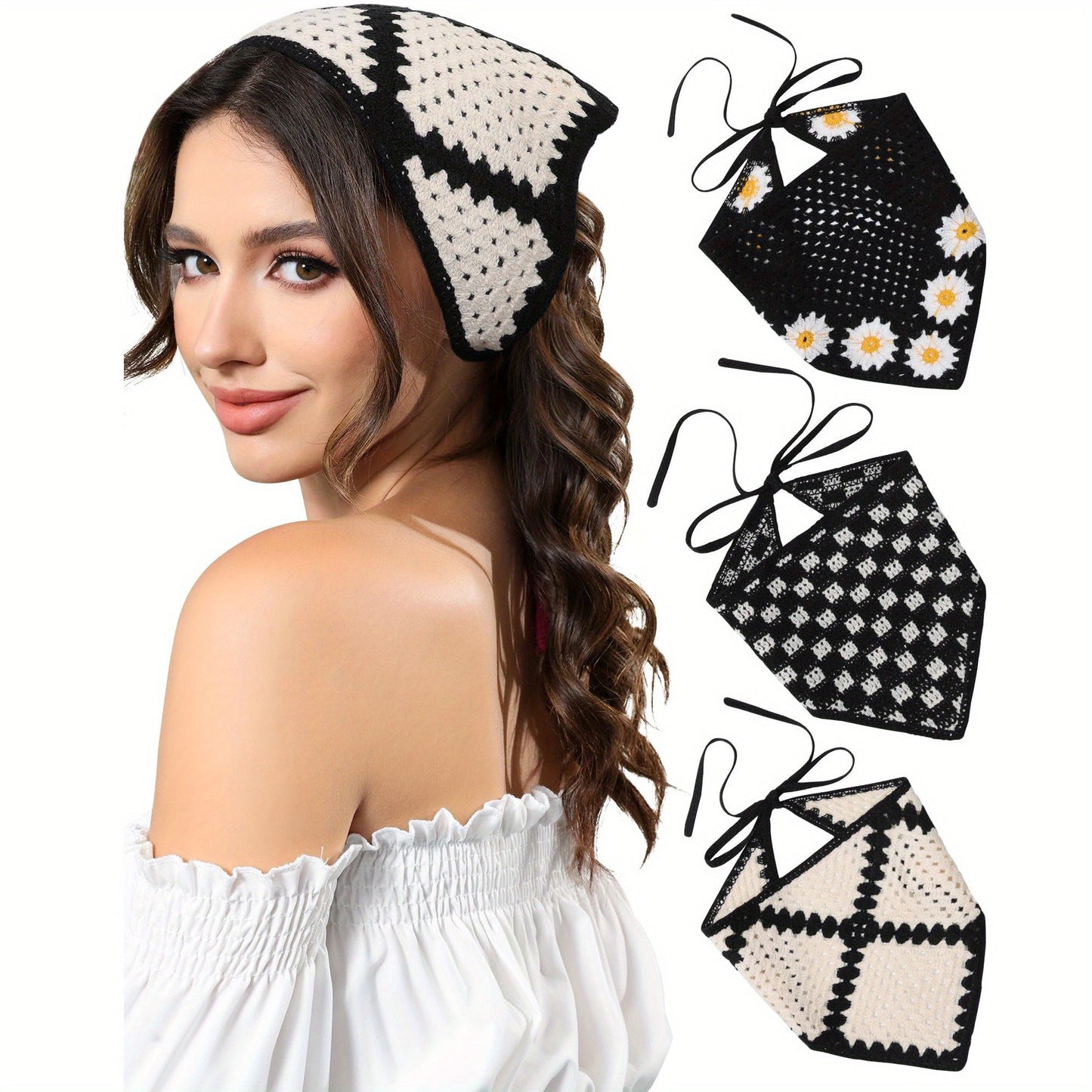Hair Scarves & Headbands - Boho Triangle Headscarf Set 3 Pieces Woven Scarf Headband for Women - product detail view 9