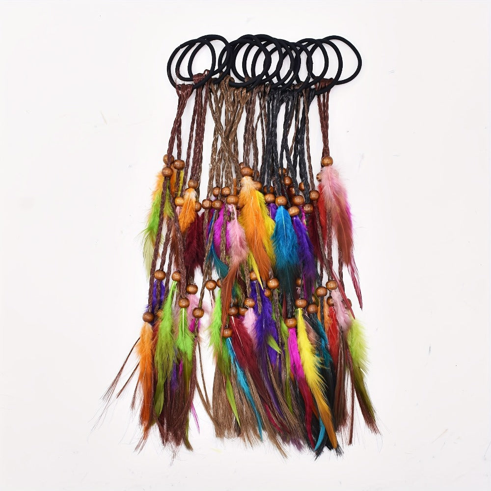 Hair Ties & Hair Ropes - Feather Set 6 Pieces Colorful Boho Ribbon Braid Rope Bands Loops Mixed - main product view