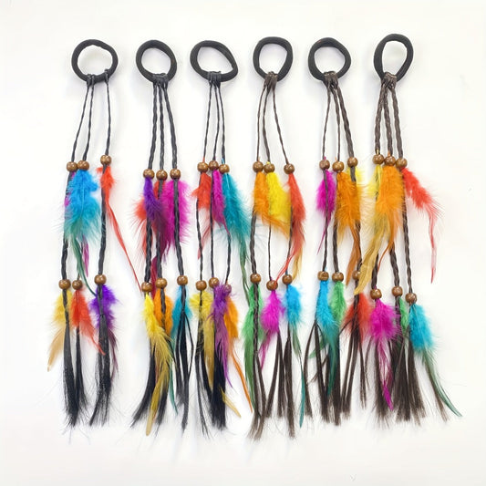 Hair Ties & Hair Ropes - Feather Set 6 Pieces Colorful Boho Ribbon Braid Rope Bands Loops Mixed - product detail view 2