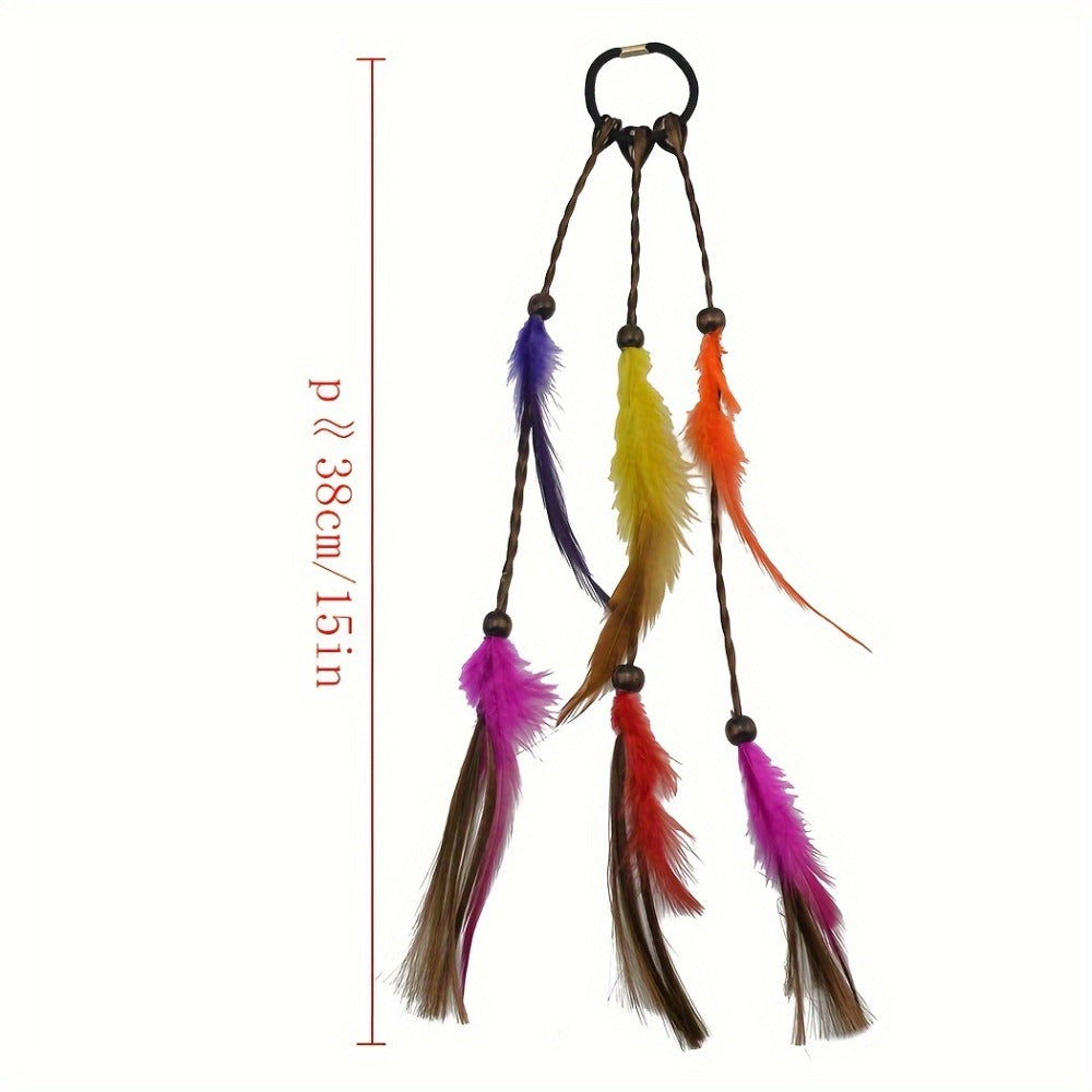 Hair Ties & Hair Ropes - Feather Set 6 Pieces Colorful Boho Ribbon Braid Rope Bands Loops Mixed - product detail view 3