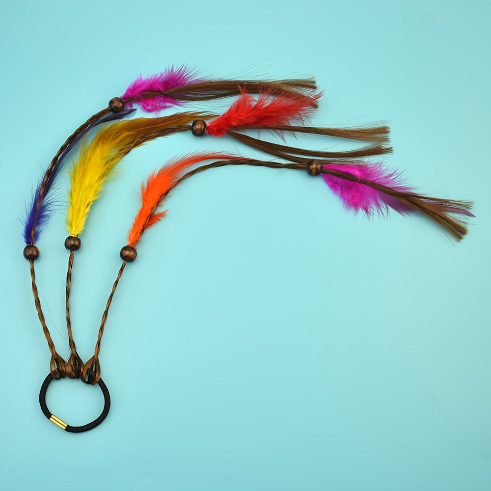 Hair Ties & Hair Ropes - Feather Set 6 Pieces Colorful Boho Ribbon Braid Rope Bands Loops Mixed - product detail view 5