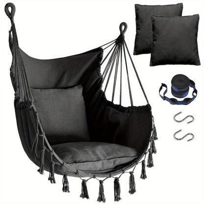 Hammock Chair, Hanging with 2 Cushions Handcrafted Macrame Swing Chair Webbing Straps shown in the main product view