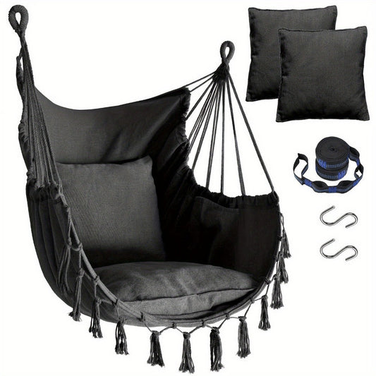 Hammock Chair, Hanging with 2 Cushions Handcrafted Macrame Swing Chair Webbing Straps shown in the main product view