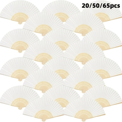 Hand Fans - Paper Folding Bulk White Handheld Bamboo Handle 20/50/65 Pack for Wedding - main product view