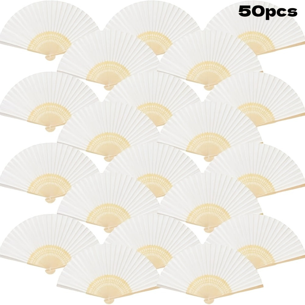 Hand Fans - Paper Folding Bulk White Handheld Bamboo Handle 20/50/65 Pack for Wedding - product detail view 5