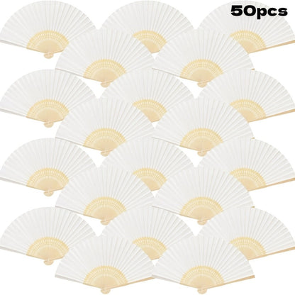 Hand Fans - Paper Folding Bulk White Handheld Bamboo Handle 20/50/65 Pack for Wedding - product detail view 5
