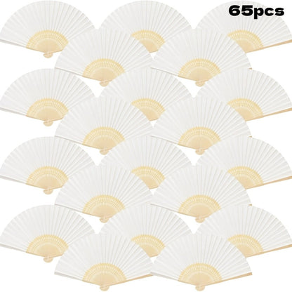 Hand Fans - Paper Folding Bulk White Handheld Bamboo Handle 20/50/65 Pack for Wedding - product detail view 7