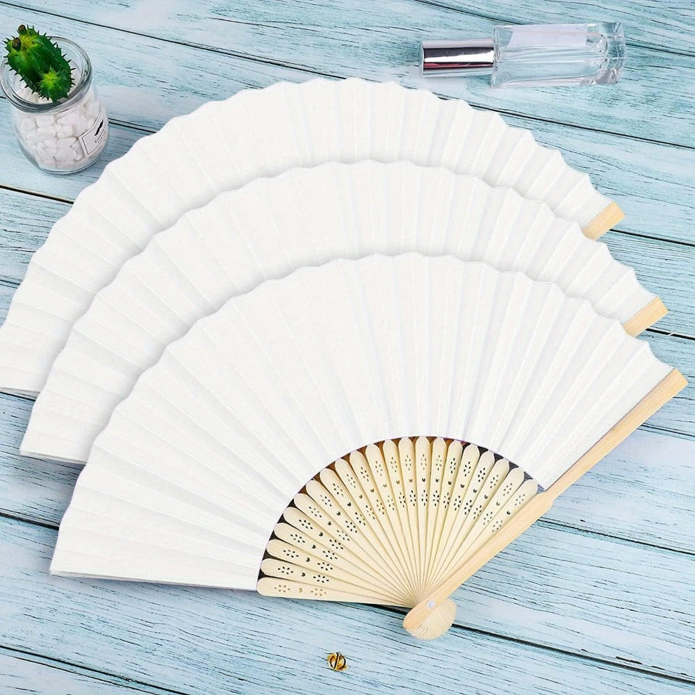 Hand Fans - Paper Folding Bulk White Handheld Bamboo Handle 20/50/65 Pack for Wedding - product detail view 8