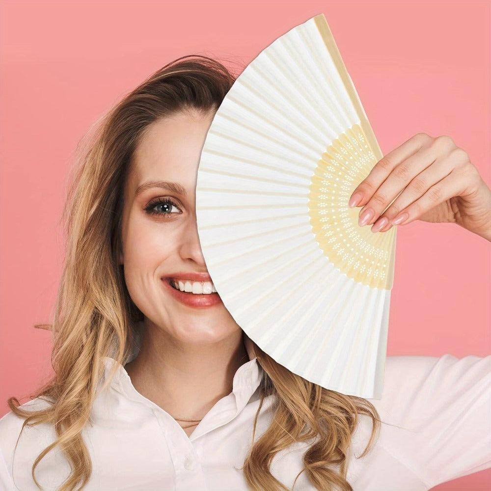 Hand Fans - Paper Folding Bulk White Handheld Bamboo Handle 20/50/65 Pack for Wedding - product detail view 9