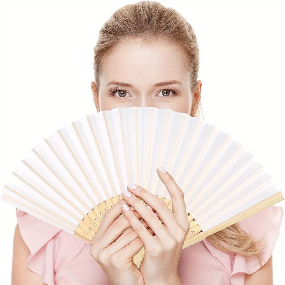 Hand Fans - Paper Folding Bulk White Handheld Bamboo Handle 20/50/65 Pack for Wedding - product detail view 11