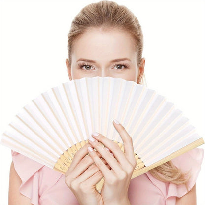 Hand Fans - Paper Folding Bulk White Handheld Bamboo Handle 20/50/65 Pack for Wedding - product detail view 11