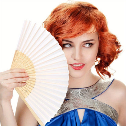 Hand Fans - Paper Folding Bulk White Handheld Bamboo Handle 20/50/65 Pack for Wedding - product detail view 12