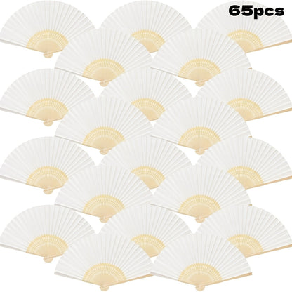 Hand Fans - Paper Folding Bulk White Handheld Bamboo Handle 20/50/65 Pack for Wedding - product detail view 16