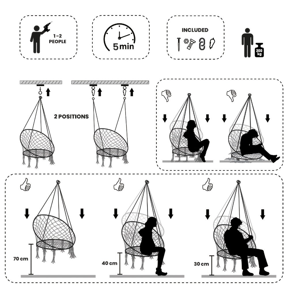 Hanging Chair with Macrame Weave and Mounting Kit for Living Room detail image - detail view 7